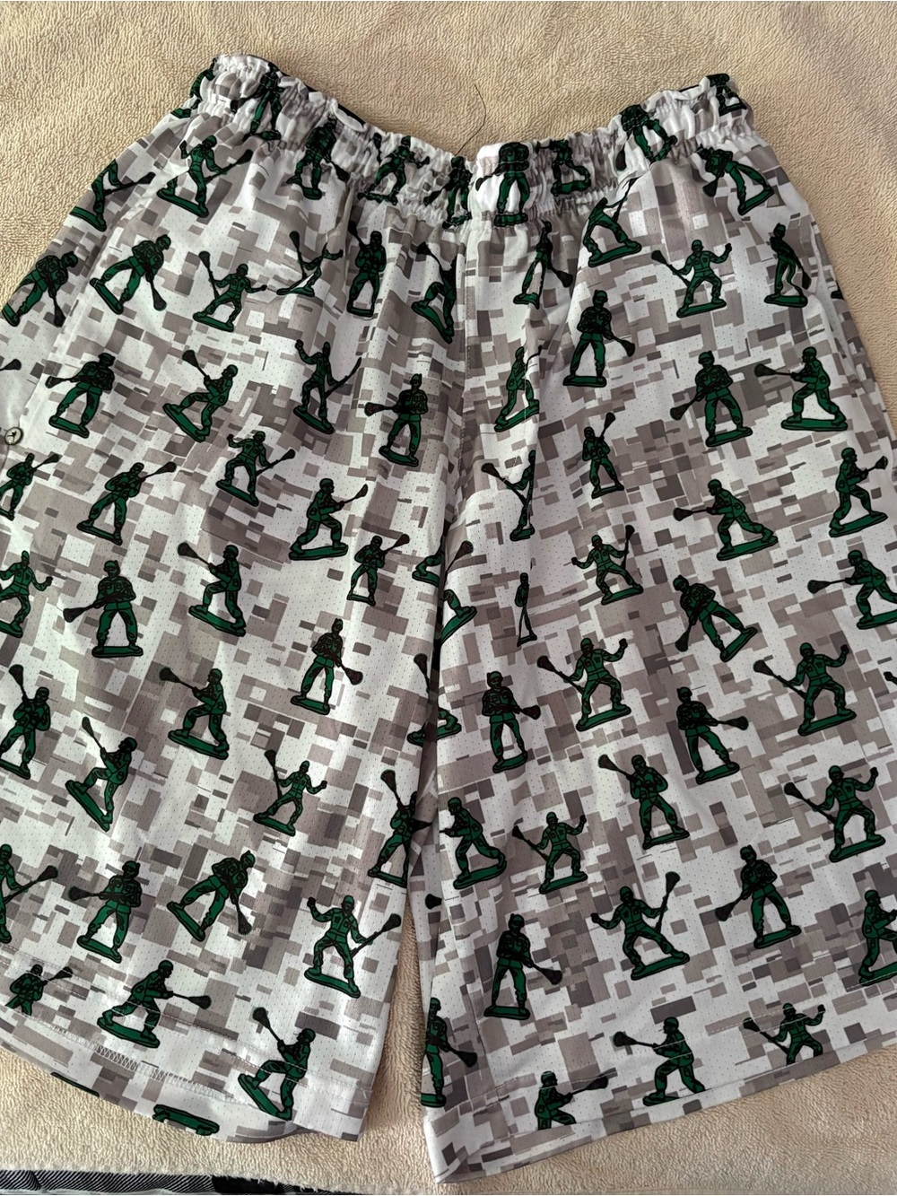 Men's Athletic Shorts in Gray Digital Camo with Green Soldier Print